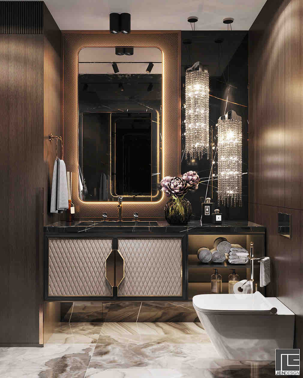Đèn chùm thương hiệu van egmond lấp lánh trong phòng tắm dành cho khách