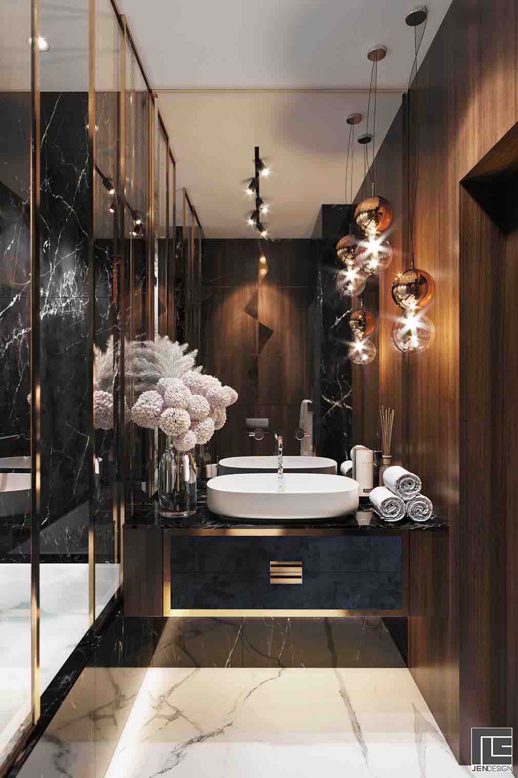 Phòng tắm dành cho khách lặp lại phong cách tổng thể của căn hộ