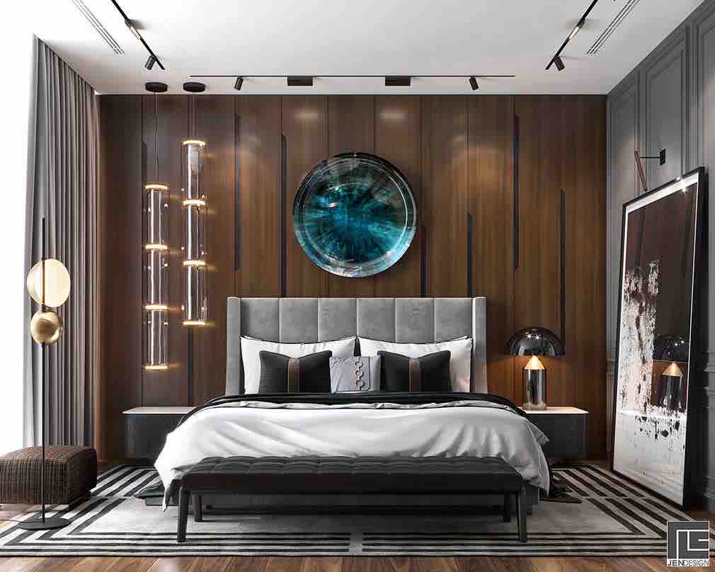 Gương lõm của Christophe Gaignon tạo điểm nhấn màu sắc trong phòng ngủ sang trọng này