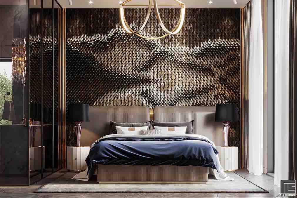 Phòng ngủ dành cho khách với đầu giường bằng kim loại trang trí