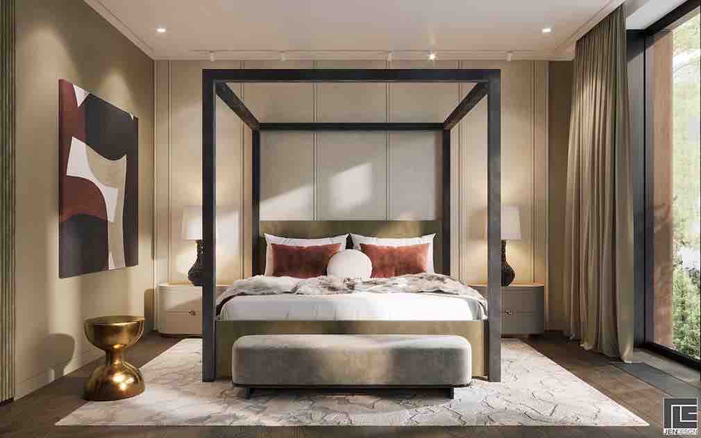 Phòng ngủ chính được làm bằng các tông màu ngụy trang, bao gồm kaki, đỏ gạch, sienna cháy và xám than chì