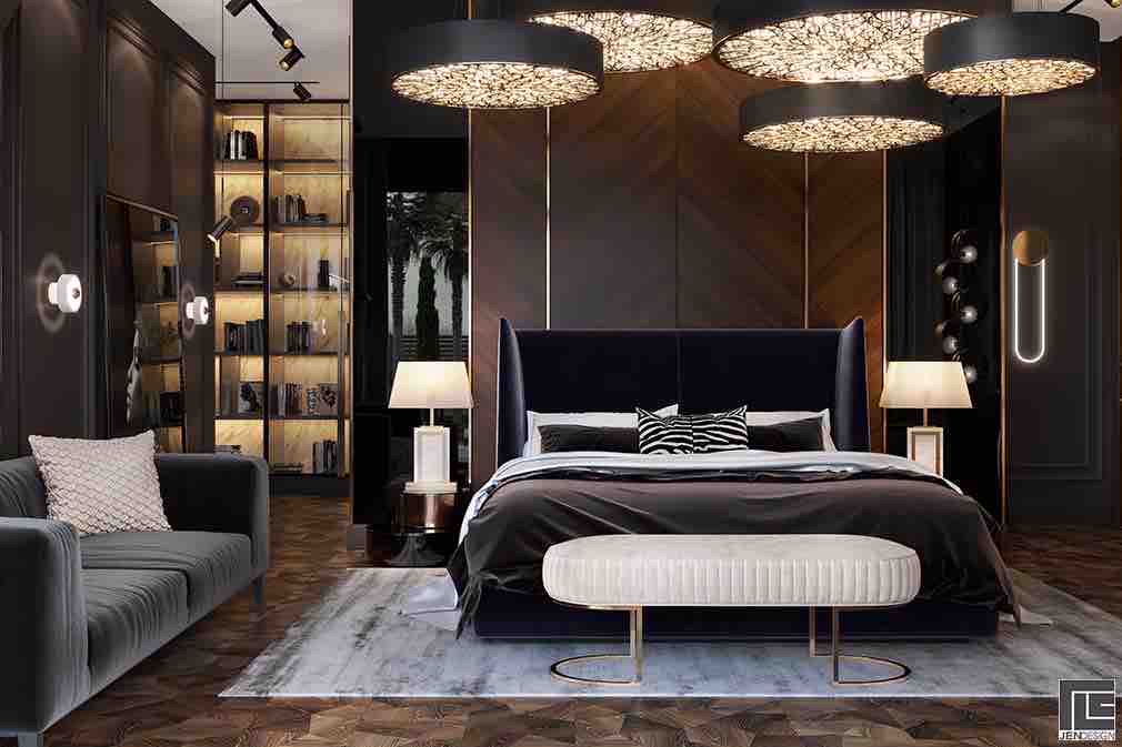 Phòng ngủ chính với hoàn thiện bằng gỗ quý
