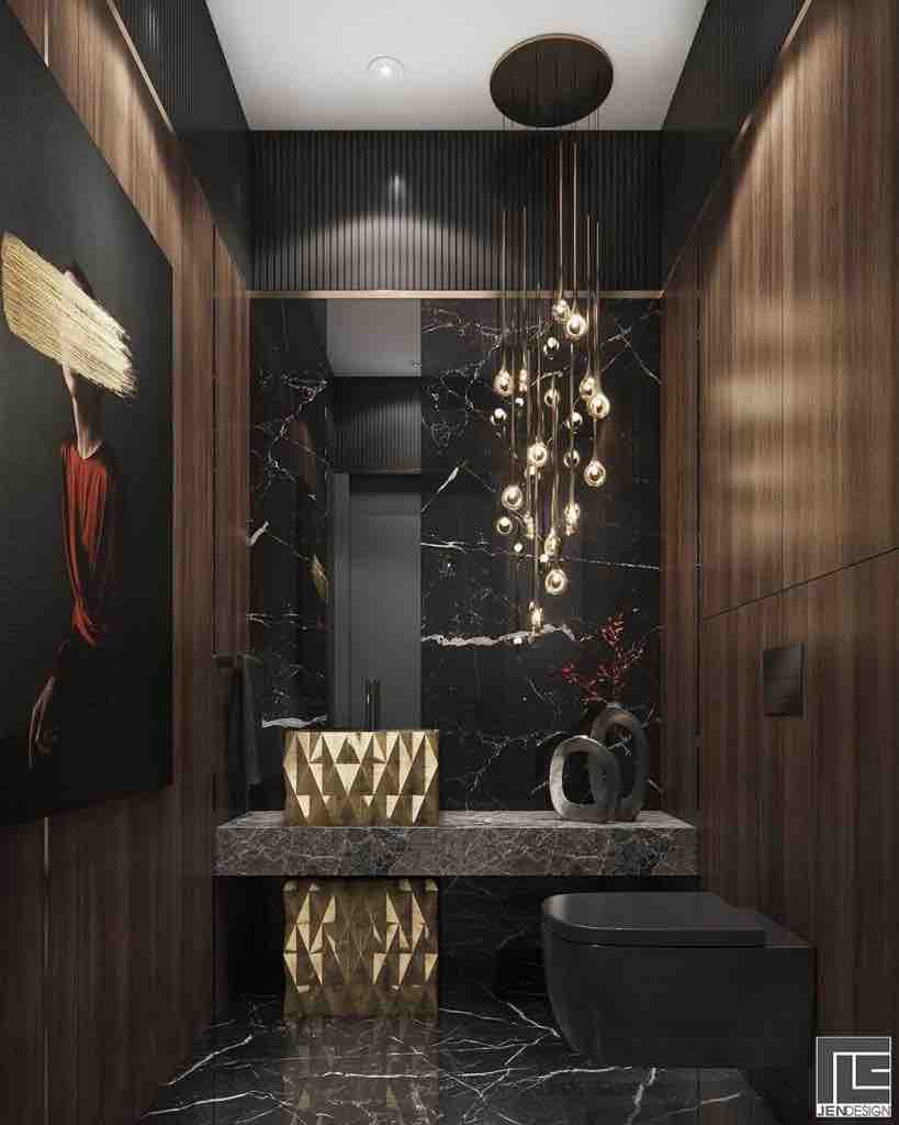 Phòng tắm dành cho khách màu đen và đỏ, đồ trang trí bằng sứ bằng đá