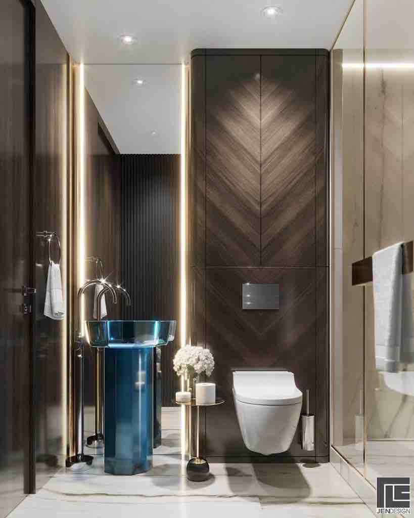 Phòng tắm thứ hai dành cho khách, bồn rửa bằng kính của Antonio Lupi